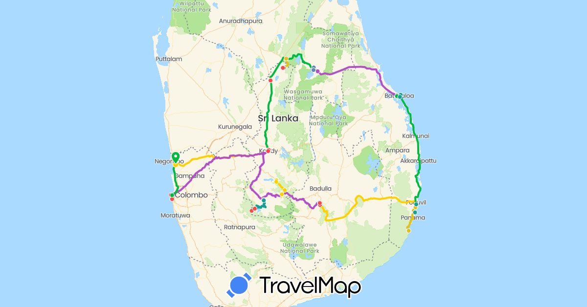 TravelMap itinerary: bus, plane, cycling, train, hiking, taxi, tuk tuk, safari jeep in Sri Lanka (Asia)
